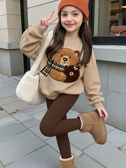 Young Girl Casual Minimalist Cute 3D Textured Bear Pattern, Maillard Color Palette, Round Neck Long Sleeve Sweatshirt & Leggings 2 Pieces Set Suitable For Autumn/Winter, Kawaii, Cozy Fall & Winter Styles, New