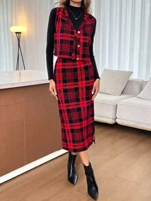 Easowa 女款秋冬休閒格紋背心與裙子兩件套 - 紅色 - 查看 3