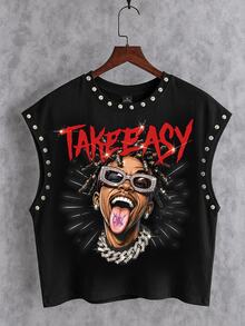 Manfinity Roghcode Men's Letter & Character Print Casual Metal Bead Embellished Black Cropped Tank Top - Black - View 1