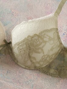 Elorette Plus Size Women's Lace Patchwork Bow Decor Sexy Spaghetti Strap Bra - Green - View 8