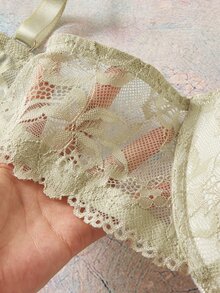 Elorette Plus Size Women's Lace Patchwork Bow Decor Sexy Spaghetti Strap Bra - Green - View 10