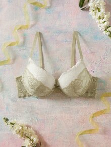 Elorette Plus Size Women's Lace Patchwork Bow Decor Sexy Spaghetti Strap Bra - Green - View 6