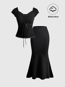 ROMWE Kawaii Women's Summer Ballet Style V-Neck Bow Decor Contrast Polka Dot Lace Patchwork Slimming Versatile 2-Piece Set Top + Skirt - Black - View 1