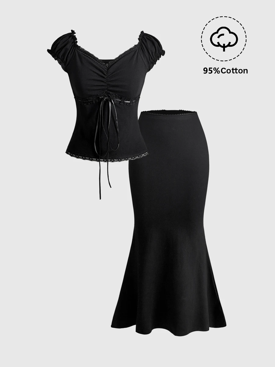 ROMWE Kawaii Women's Summer Ballet Style V-Neck Bow Decor Contrast Polka Dot Lace Patchwork Slimming Versatile 2-Piece Set Top + Skirt - Black - View 1