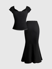 ROMWE Kawaii Women's Summer Ballet Style V-Neck Bow Decor Contrast Polka Dot Lace Patchwork Slimming Versatile 2-Piece Set Top + Skirt - Black - View 2