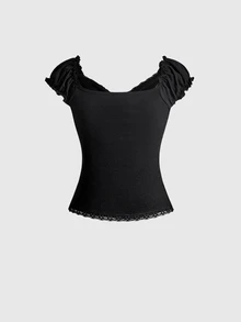 ROMWE Kawaii Women's Summer Ballet Style V-Neck Bow Decor Contrast Polka Dot Lace Patchwork Slimming Versatile 2-Piece Set Top + Skirt - Black - View 7