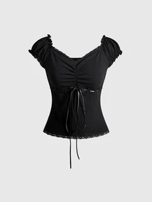 ROMWE Kawaii Women's Summer Ballet Style V-Neck Bow Decor Contrast Polka Dot Lace Patchwork Slimming Versatile 2-Piece Set Top + Skirt - Black - View 8