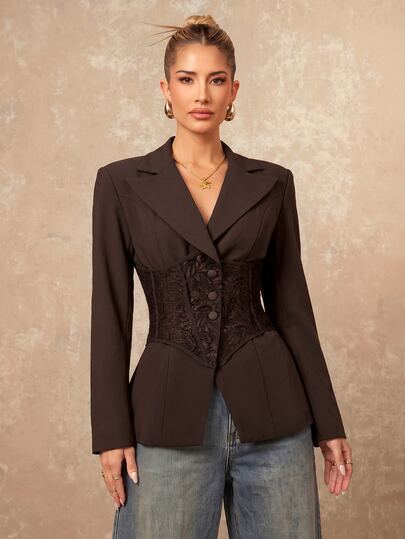 Lumalex Women's Dark Brown Autumn Elegant Office Blazer, Slim Fit V-Neck, Button Cuffs, Lace Waist Cinched Design, Business Casual Style
