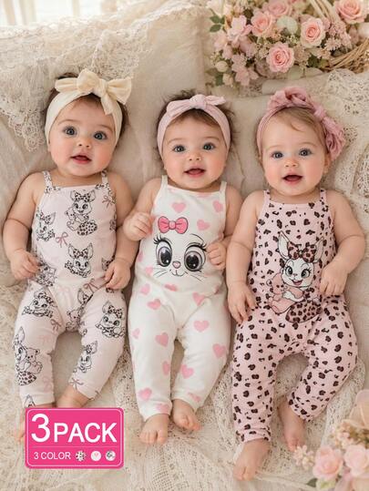 BABY GIRLS Cute Cartoon Cat & Pink Heart Pattern Spaghetti Strap Romper, Summer Casual Comfortable Loose Fit Long Pants
