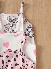 BABY GIRLS Cute Cartoon Cat & Pink Heart Pattern Spaghetti Strap Romper, Summer Casual Comfortable Loose Fit Long Pants - Multicolor - View 9