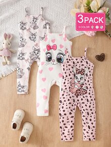 BABY GIRLS Cute Cartoon Cat & Pink Heart Pattern Spaghetti Strap Romper, Summer Casual Comfortable Loose Fit Long Pants - Multicolor - View 2