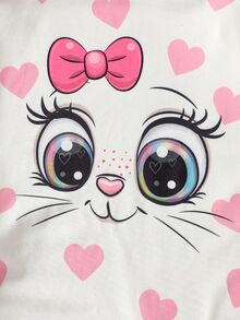 BABY GIRLS Cute Cartoon Cat & Pink Heart Pattern Spaghetti Strap Romper, Summer Casual Comfortable Loose Fit Long Pants - Multicolor - View 7