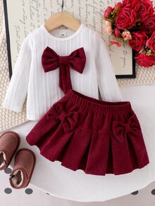 SHEIN Playful Pals 女嬰蝴蝶結裝飾長袖圓領T恤與裙子套裝，秋冬款 - 黑色 - 查看 7