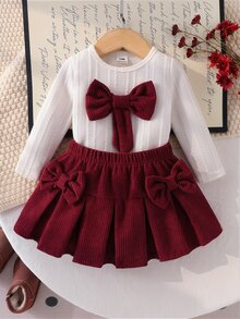 SHEIN Playful Pals 女嬰蝴蝶結裝飾長袖圓領T恤與裙子套裝，秋冬款 - 黑色 - 查看 3