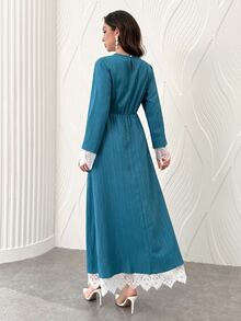 SHEIN Najma Gaun Panjang Leher Bulat Putih Berlipit dengan Renda Kontras untuk Sehari-hari, Gaun Formal untuk Liburan Keluarga Musim Dingin, Sederhana dan Elegan - Biru - View 8