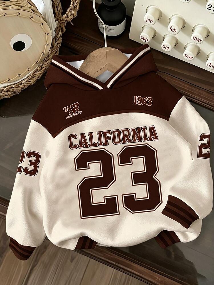 Young Boys Casual Minimalist Fashion Warm Comfortable Classic Collegiate, Number 23 Pattern, American Retro, Loose Comfortable Daily Knit Long Sleeve Sweatshirt Suitable For Autumn/Winter - White - View 1