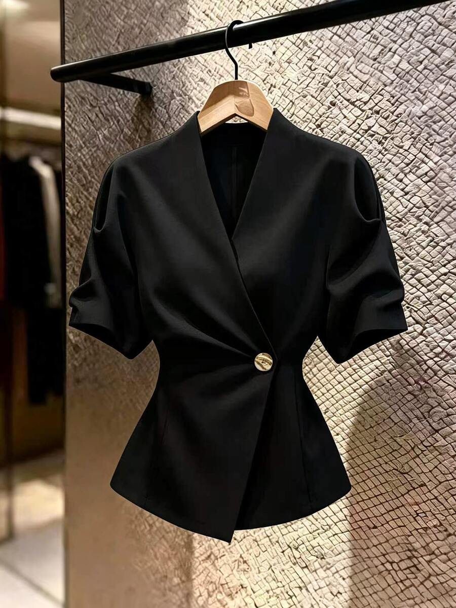 GlowEve Spring/Summer Women's New V-Neck Cross Metal Buckle Cinched Waist Asymmetrical Hem Design Niche Elegant Commute French Style Blouse - Black - View 1