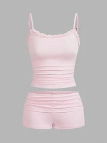 SHEIN EZwear 女士對比色蕾絲夏季休閒背心和短褲 - 粉色 - 查看 1