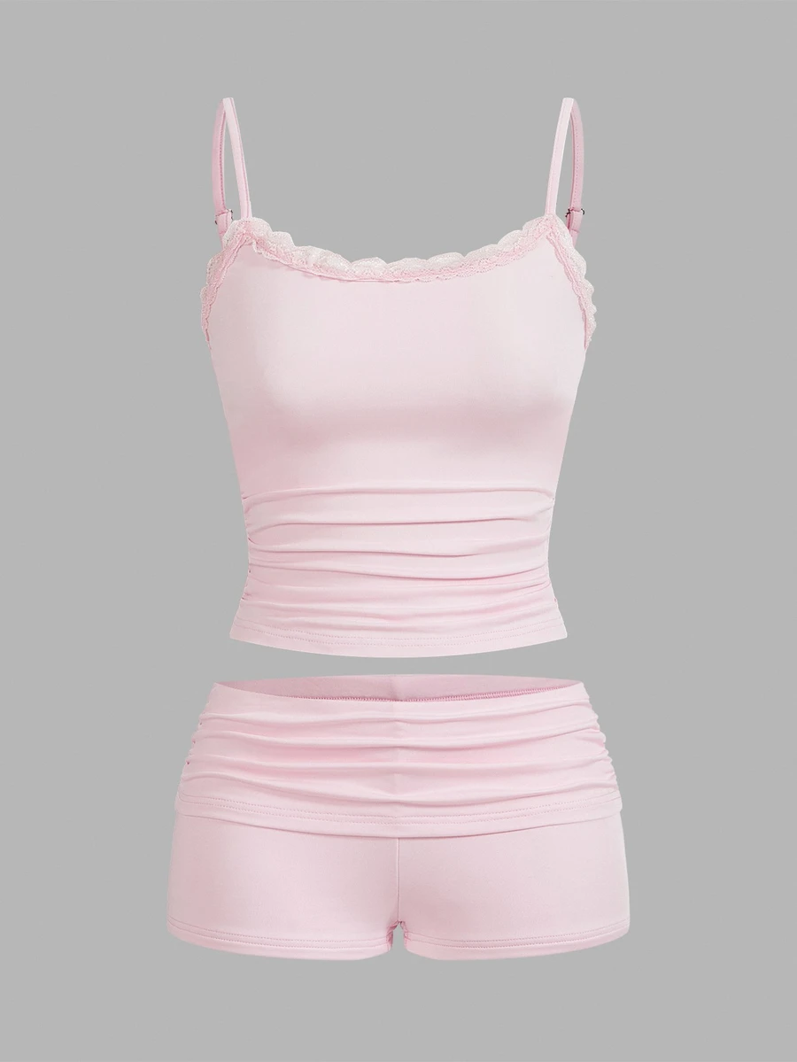 SHEIN EZwear 女士對比色蕾絲夏季休閒背心和短褲 - 粉色 - 查看 1