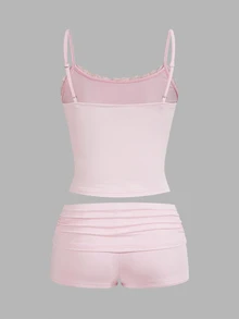 SHEIN EZwear 女士對比色蕾絲夏季休閒背心和短褲 - 粉色 - 查看 2
