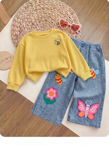 SHEIN Baby Girl Casual Cute Knit Striped Cartoon Pattern Sweatshirt And Elastic Waist Long Pants Set - Multicolor - View 5