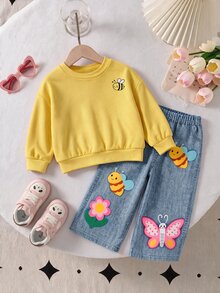SHEIN Baby Girl Casual Cute Knit Striped Cartoon Pattern Sweatshirt And Elastic Waist Long Pants Set - Multicolor - View 4