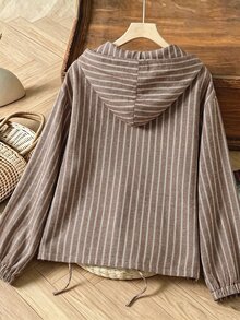 Linhara Latest Gray-Green Striped Zipper Pocket Casual Commute Linen Material Casual Outing Daily Wear Party Date Holiday Multi-Occasion Plus Size Jacket - Brown - View 2