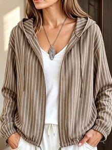 Linhara Latest Gray-Green Striped Zipper Pocket Casual Commute Linen Material Casual Outing Daily Wear Party Date Holiday Multi-Occasion Plus Size Jacket - Brown - View 1