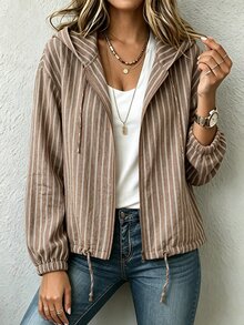Linhara Latest Gray-Green Striped Zipper Pocket Casual Commute Linen Material Casual Outing Daily Wear Party Date Holiday Multi-Occasion Plus Size Jacket - Brown - View 3