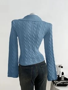 Elamini 女款純色休閒百搭日常穿著長袖針織衫 - 藍色 - 查看 2