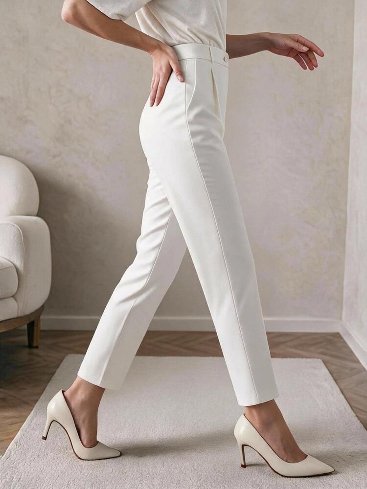 SHEIN Petite Size White Solid Color 97% Cotton Fold Pleated Detail Cropped Casual Suit Pants - White - View 2