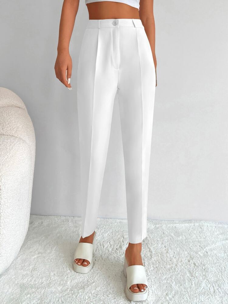 SHEIN Petite Size White Solid Color 97% Cotton Fold Pleated Detail Cropped Casual Suit Pants - White - View 6
