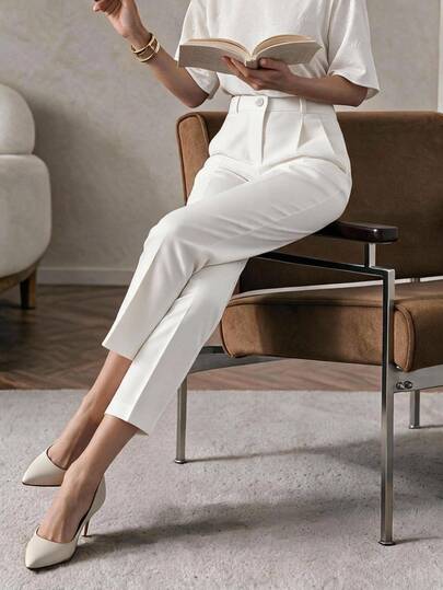SHEIN Pantalones de traje casual cortos de talla pequeña, color blanco sólido, 97% algodón, con detalle de pliegues doblados