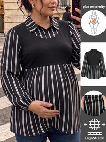 SHEIN Plus Size Maternity French Style 2 In 1 Black Blouse, Cinched Waist Ruffle Hem Lantern Sleeve Commuter Top Autumn Formal Photoshoot Casual Elegant - Black - View 1