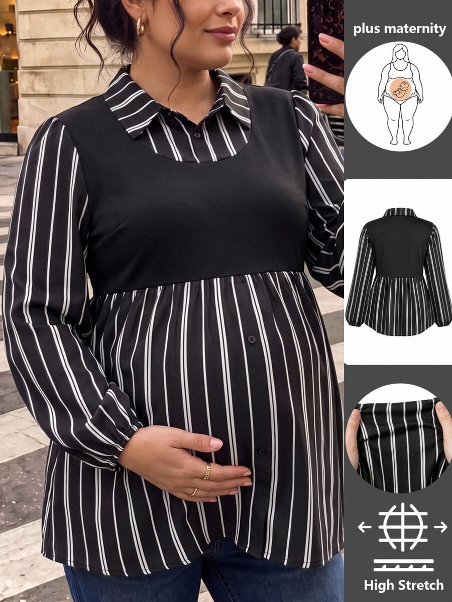 SHEIN Plus Size Maternity French Style 2 In 1 Black Blouse, Cinched Waist Ruffle Hem Lantern Sleeve Commuter Top Autumn Formal Photoshoot Casual Elegant - Black - View 1