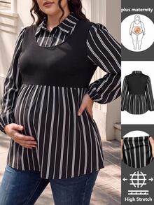 SHEIN Plus Size Maternity French Style 2 In 1 Black Blouse, Cinched Waist Ruffle Hem Lantern Sleeve Commuter Top Autumn Formal Photoshoot Casual Elegant - Black - View 12