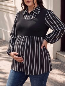 SHEIN Plus Size Maternity French Style 2 In 1 Black Blouse, Cinched Waist Ruffle Hem Lantern Sleeve Commuter Top Autumn Formal Photoshoot Casual Elegant - Black - View 8