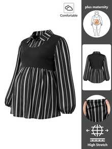 SHEIN Plus Size Maternity French Style 2 In 1 Black Blouse, Cinched Waist Ruffle Hem Lantern Sleeve Commuter Top Autumn Formal Photoshoot Casual Elegant - Black - View 11