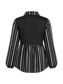 SHEIN Plus Size Maternity French Style 2 In 1 Black Blouse, Cinched Waist Ruffle Hem Lantern Sleeve Commuter Top Autumn Formal Photoshoot Casual Elegant - Black - View 2