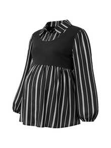 SHEIN Plus Size Maternity French Style 2 In 1 Black Blouse, Cinched Waist Ruffle Hem Lantern Sleeve Commuter Top Autumn Formal Photoshoot Casual Elegant - Black - View 4