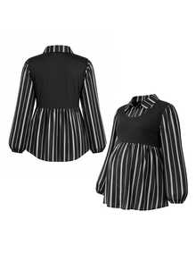 SHEIN Plus Size Maternity French Style 2 In 1 Black Blouse, Cinched Waist Ruffle Hem Lantern Sleeve Commuter Top Autumn Formal Photoshoot Casual Elegant - Black - View 3