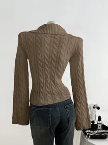 Elamini 女款素色休閒百搭日常穿著長袖針織衫 - 棕色 - 查看 2