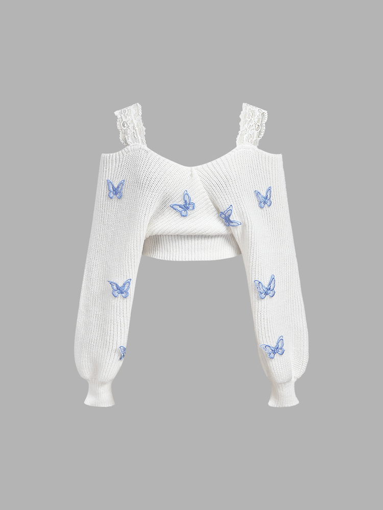 SHEIN MOD Women's 3D Butterfly Decor Off-Shoulder Sweater - White - View 5