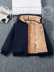 SHEIN 兒童青少年男孩休閒保暖內裡加厚寬鬆連帽外套，冬季外套，男孩服飾，基礎上衣，適合秋季、冬季、校園穿著 - 藏蓝色 - 查看 2