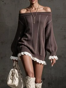 Omancia Gaun Sweater Wanita Elegan dengan Desain Bahu Terbuka dan Hiasan Renda Kontras - Coklat - View 1