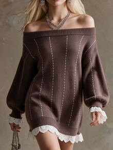 Omancia Gaun Sweater Wanita Elegan dengan Desain Bahu Terbuka dan Hiasan Renda Kontras - Coklat - View 7