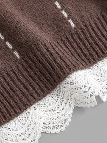 Omancia Gaun Sweater Wanita Elegan dengan Desain Bahu Terbuka dan Hiasan Renda Kontras - Coklat - View 4