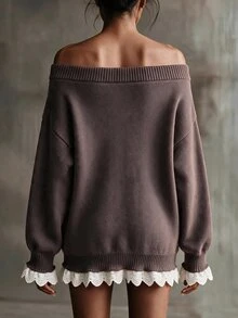 Omancia Gaun Sweater Wanita Elegan dengan Desain Bahu Terbuka dan Hiasan Renda Kontras - Coklat - View 2