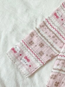 女童長袖上衣與長褲套裝，優雅花卉圖案設計，舒適柔軟親膚面料，適合睡衣，白色，秋季 - 粉色 - 查看 3