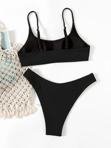 SHEIN Swim 女士夏季度假风格简约纯色比基尼套装 - 黑色 - 查看 3